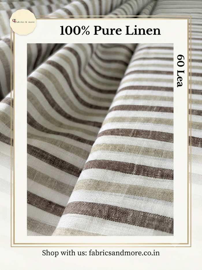 Premium Off-White Brown & Beige Striped 100% Pure Linen Fabric, 60 Lea