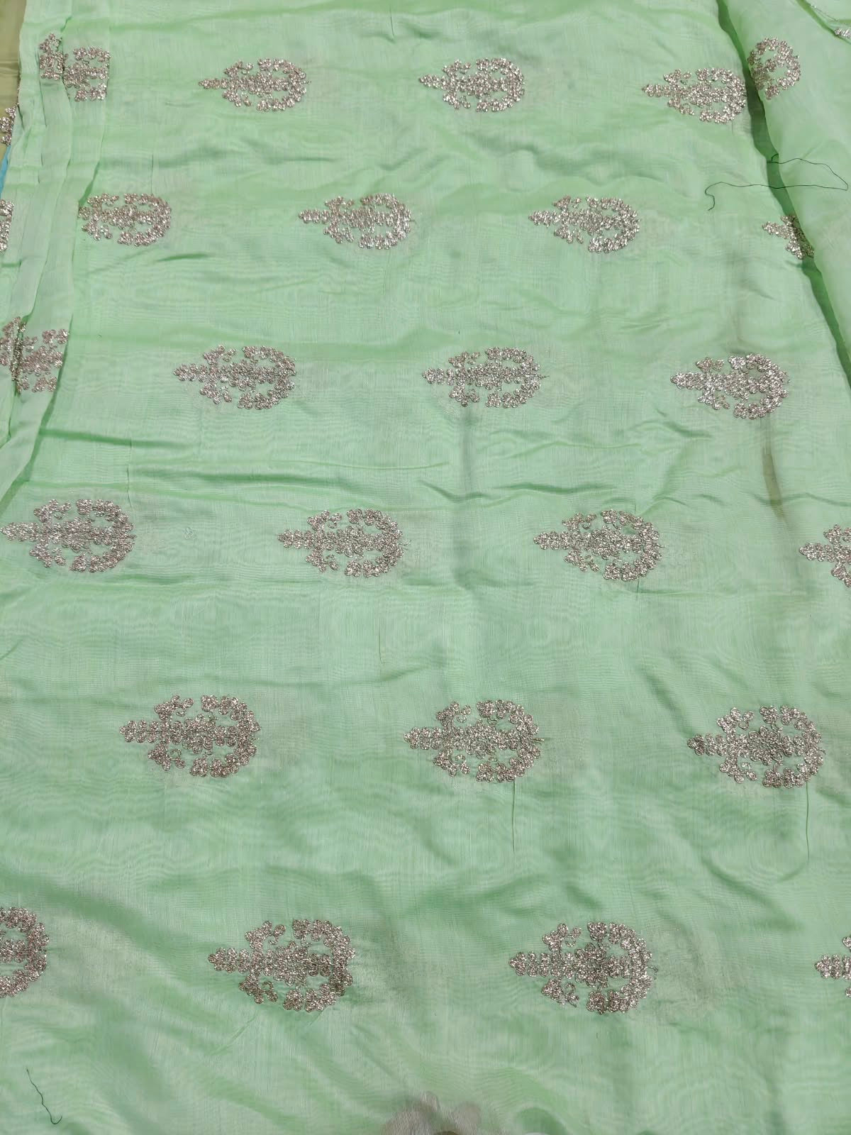 Mint Green Chanderi Fabric with Delicate Golden Cord Embroidery