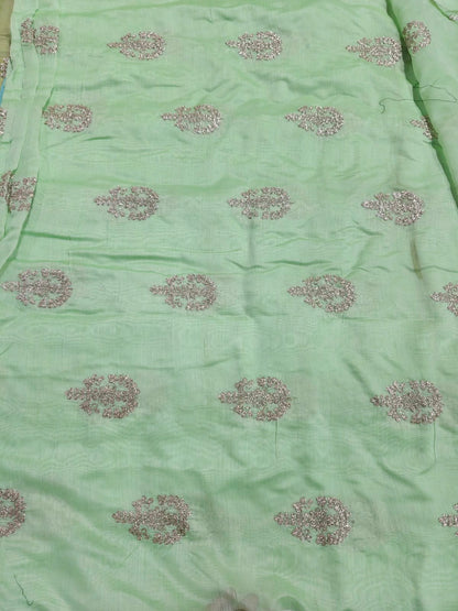 Mint Green Chanderi Fabric with Delicate Golden Cord Embroidery