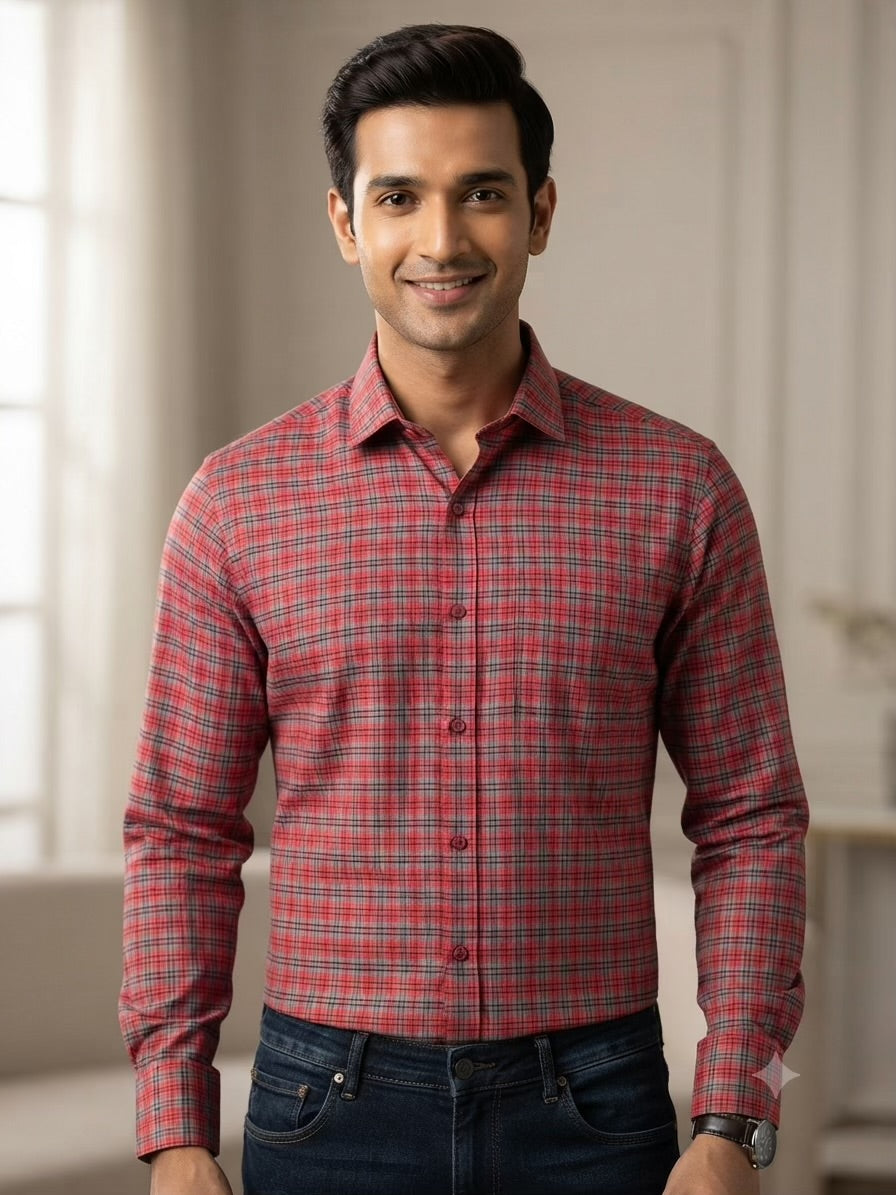 Coral Red Grey Micro Check Spun Poly Fabric