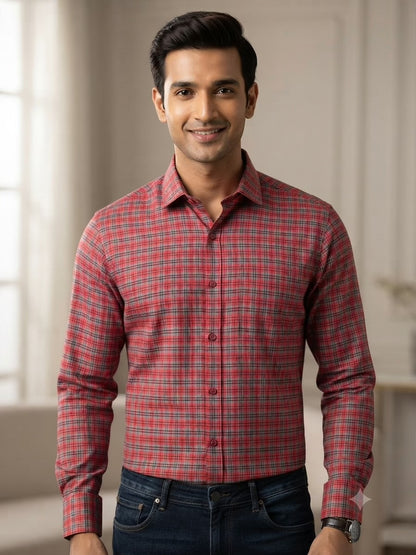 Coral Red Grey Micro Check Spun Poly Fabric