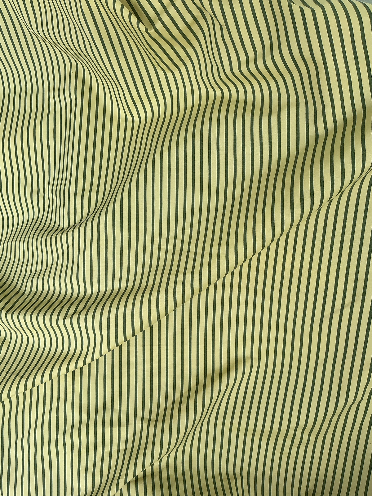 Pale Yellow Olive Green Stripe Spun Poly Fabric