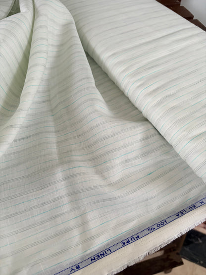 Premium White Pure Linen Fabric with Grey & Aqua Pinstripes – 100% Pure Linen Fabric – 60 Lea(0% Cotton)