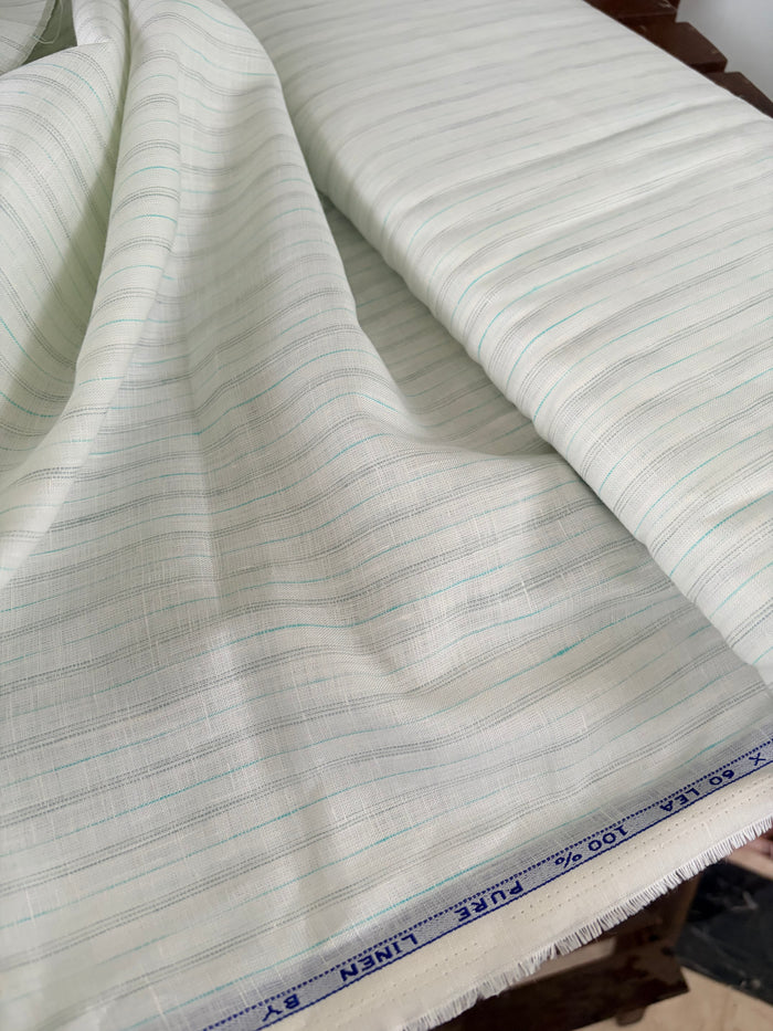 Premium White Pure Linen Fabric with Grey & Aqua Pinstripes – 100% Pure Linen Fabric – 60 Lea(0% Cotton)