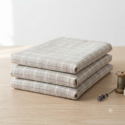 Natural Flax 100%Pure Linen 60 Lea Check Fabric – White & Purple Windowpane(0% Cotton)