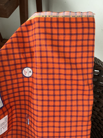 Premium Orange & Purple Check 100% Pure Linen Fabric – 60 Lea (0% Cotton)
