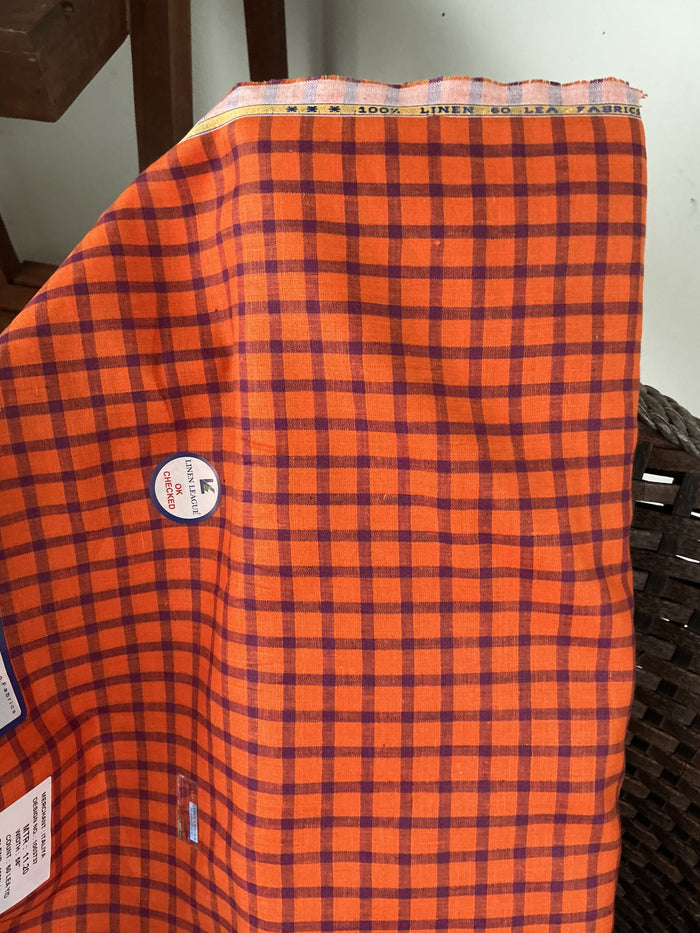 Premium Orange & Purple Check 100% Pure Linen Fabric, 60 Lea - full fabric view