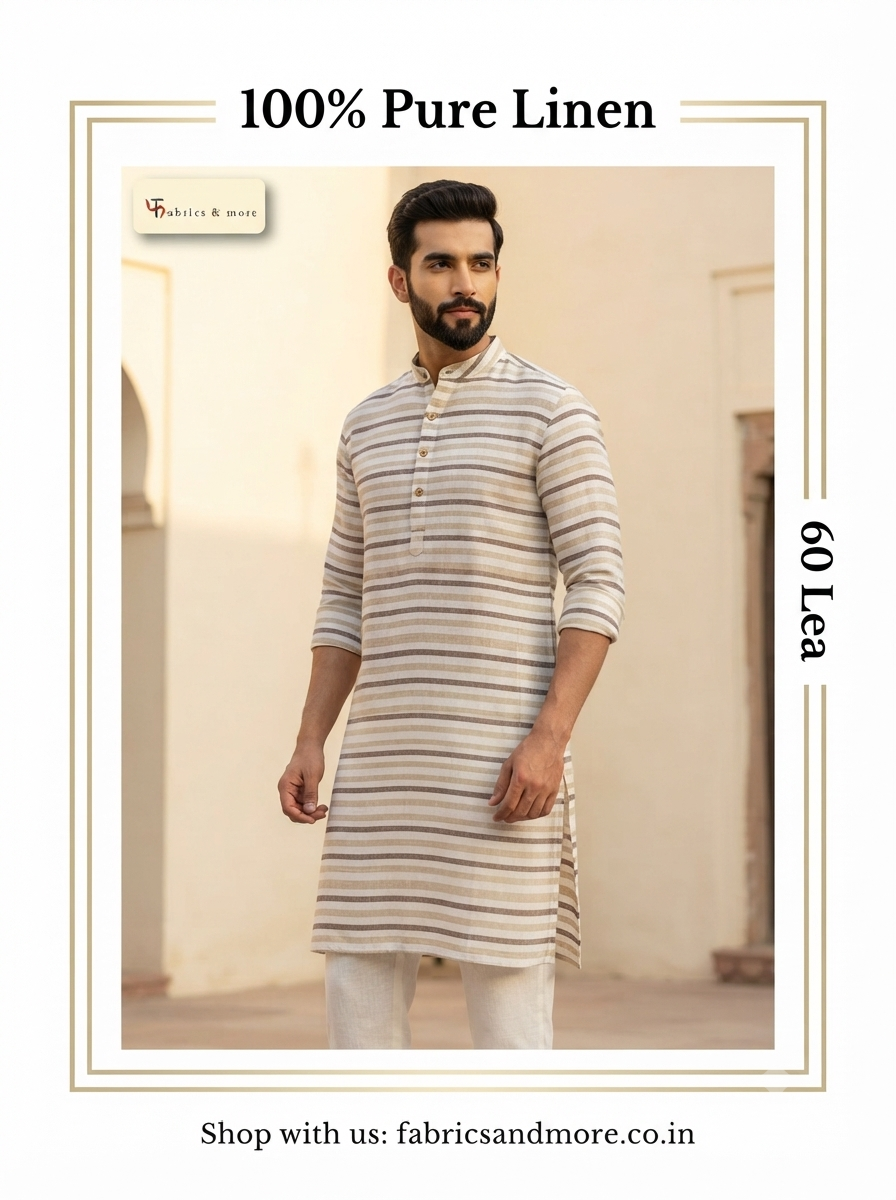 Premium Off-White Brown & Beige Striped 100% Pure Linen Fabric – 60 Lea 100% (0% Cotton)