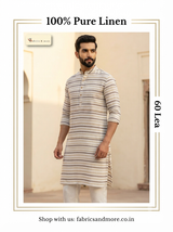 Premium Off-White Brown & Beige Striped 100% Pure Linen Fabric, 60 Lea - draped to show fall and sheen