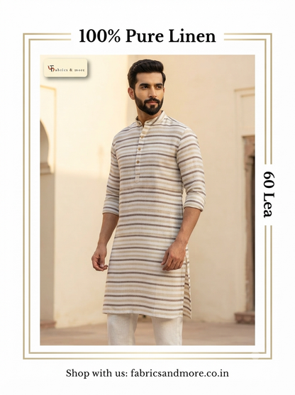 Premium Off-White Brown & Beige Striped 100% Pure Linen Fabric – 60 Lea 100% (0% Cotton)