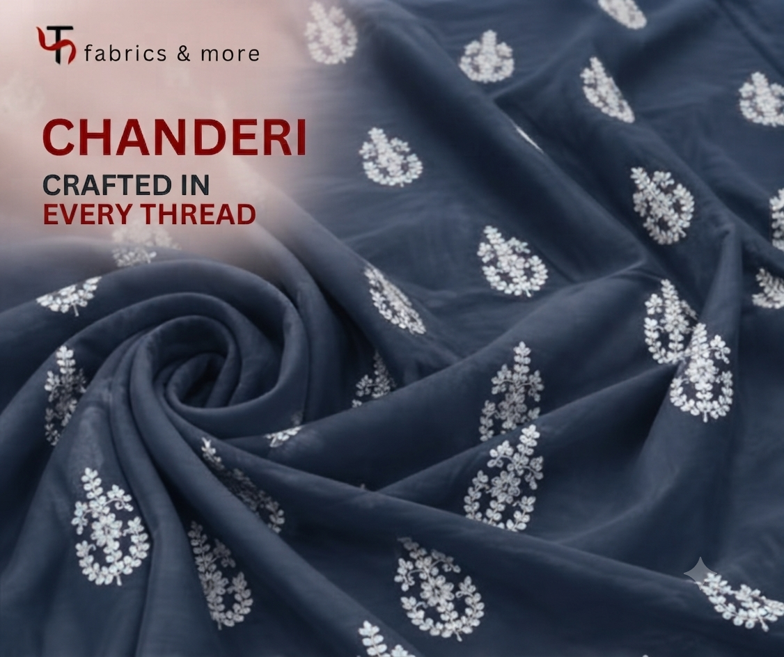 Navy Blue with White Dori Embroidered Motifs Chanderi Fabric