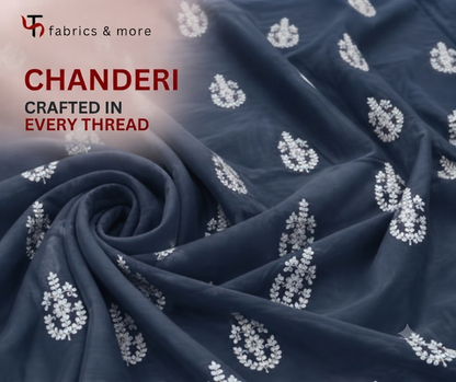 Navy Blue with White Dori Embroidered Motifs Chanderi Fabric