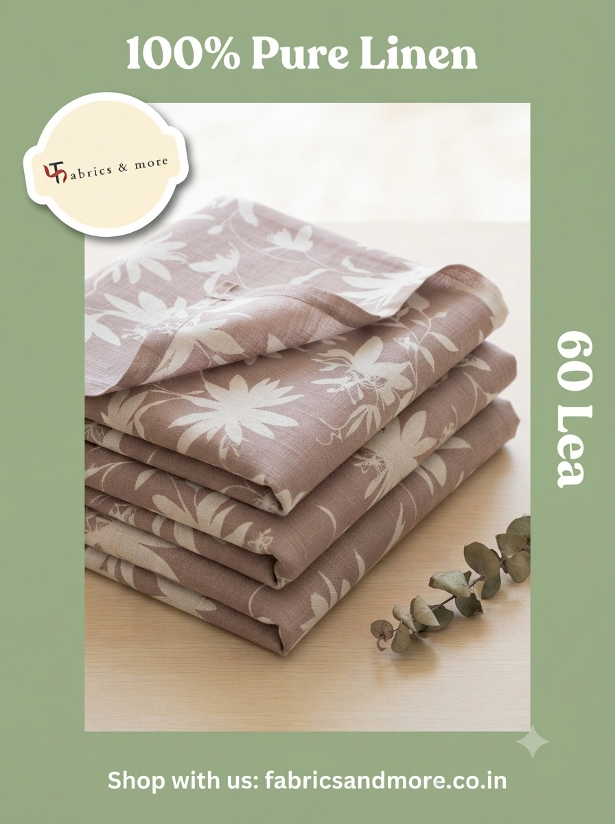Premium Dusty Mauve Botanical Digital Print 100% Pure Linen Fabric, 60 Lea - draped to show fall and sheen