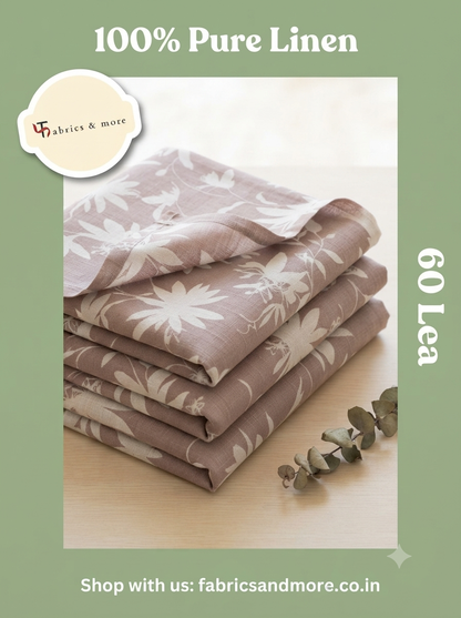 Premium Dusty Mauve Botanical Digital Print 100% Pure Linen Fabric, 60 Lea - draped to show fall and sheen