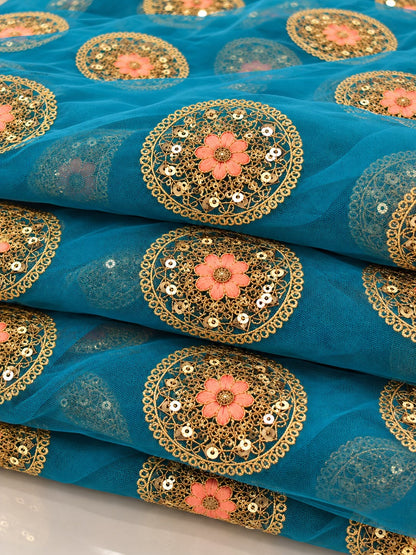 Firozi Blue Embroidered Net Fabric with Golden Dori, Sequins & Peach Thread Work