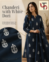 Navy Blue with White Dori Embroidered Motifs Chanderi Fabric