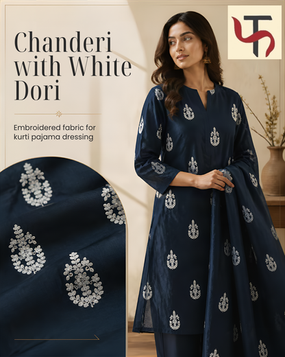 Navy Blue with White Dori Embroidered Motifs Chanderi Fabric