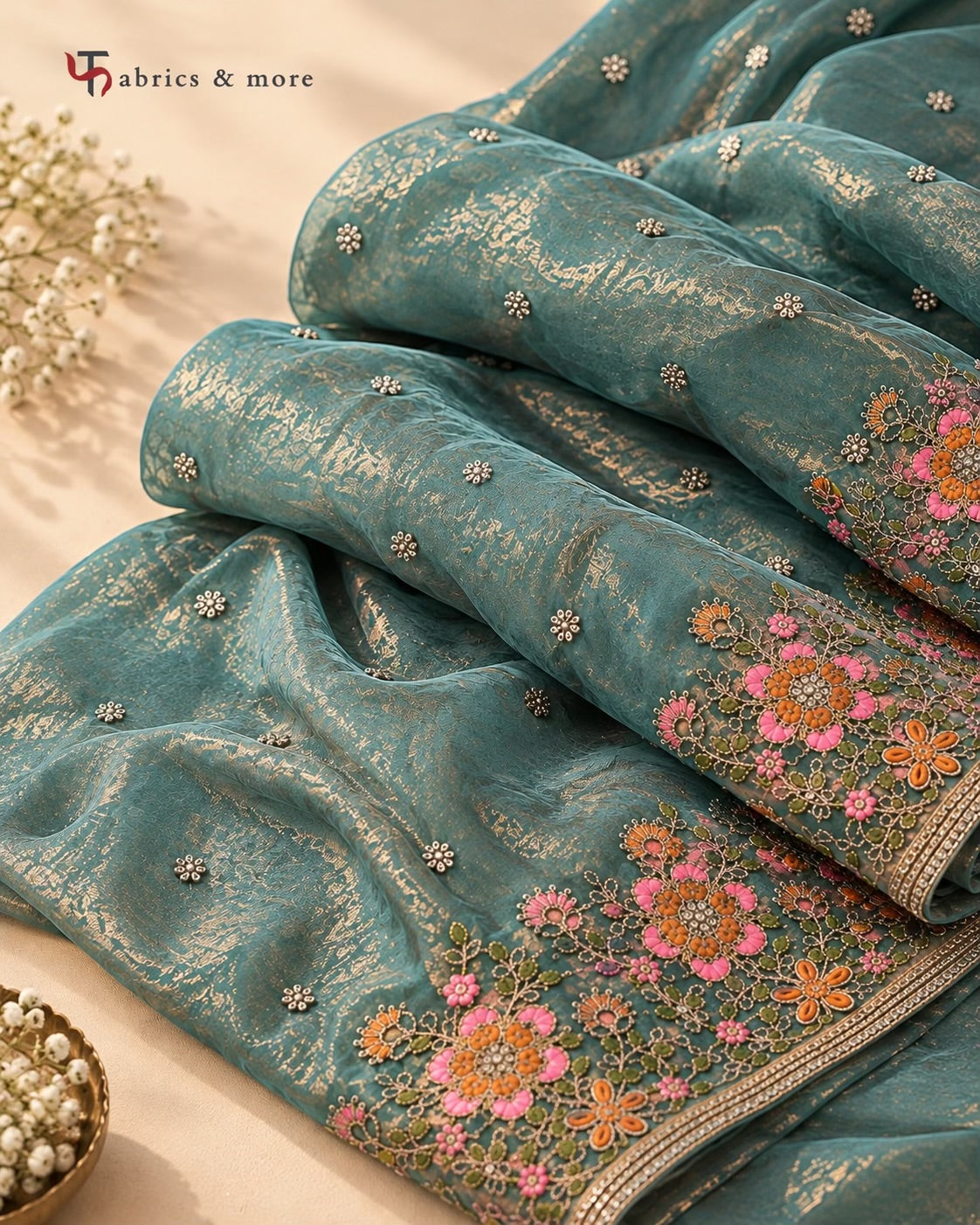 Luminous Teal-Gold Fendi Fabric with Thread and Light Golden Dori work
