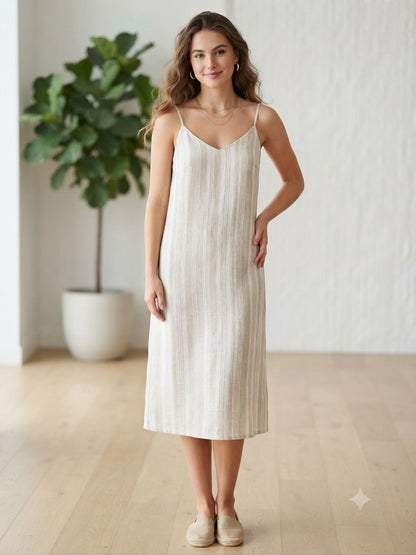 Premium White & Natural Beige 100%Pure Linen 60 Lea Striped Fabric (0% Cotton)