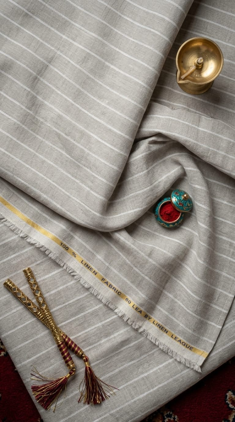 Premium Natural Grey 100%Pure Linen 60 Lea Fabric with White Stripes (0% Cotton)