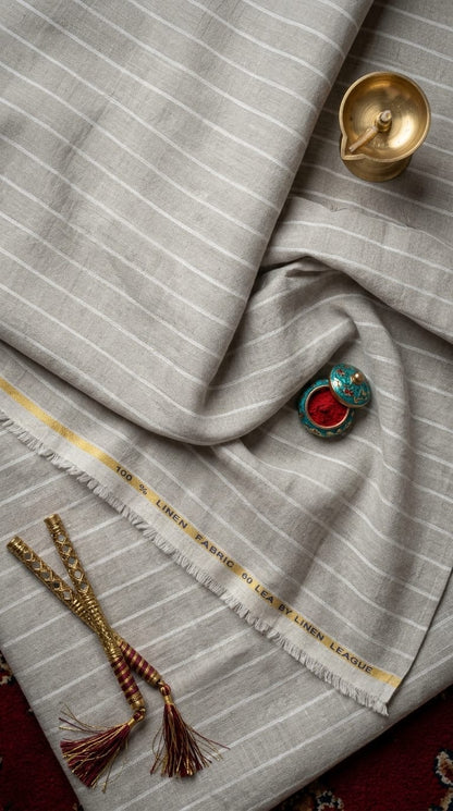 Premium Natural Grey 100%Pure Linen 60 Lea Fabric with White Stripes (0% Cotton)