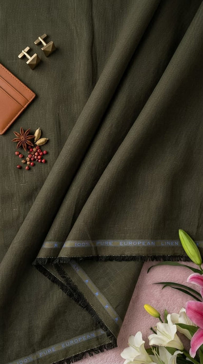 Premium Olive Green Pure Linen 60 Lea Fabric – Solid Melange  (0% Cotton)