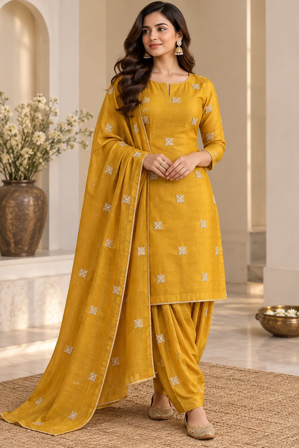 Golden Glitter Thread Embroidered Motifs on Musterd Yellow Gold Chanderi Silk Fabric