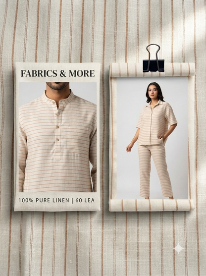 Premium Cream & Rust Pinstripe 100% Pure Linen Fabric – 60 Lea(0% Cotton)