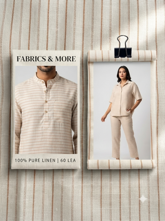 Premium Cream & Rust Pinstripe 100% Pure Linen Fabric – 60 Lea(0% Cotton)