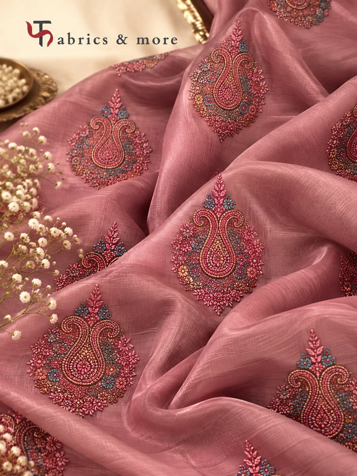 Kashmiri Butta Embroidered Chanderi Fabric – Dusty Rose