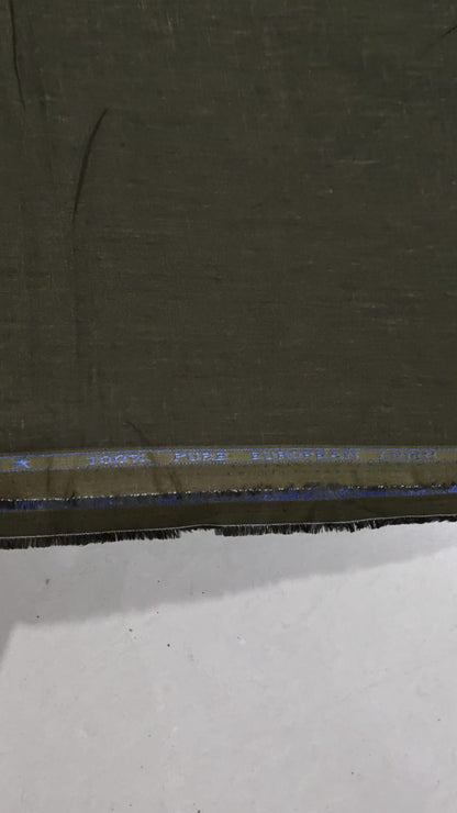 Premium Olive Green Pure Linen 60 Lea Fabric – Solid Melange  (0% Cotton)
