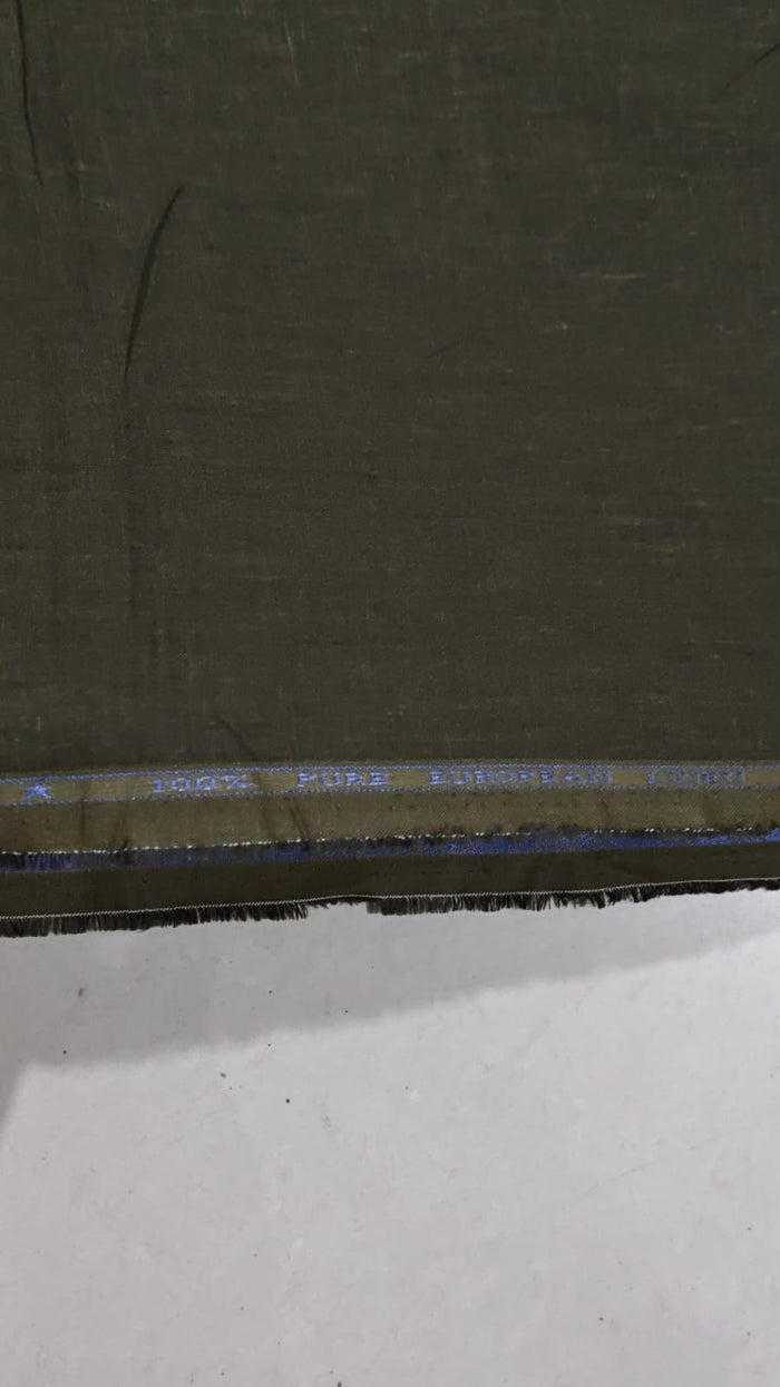 Premium Olive Green Pure Linen 60 Lea Fabric – Solid Melange  (0% Cotton)