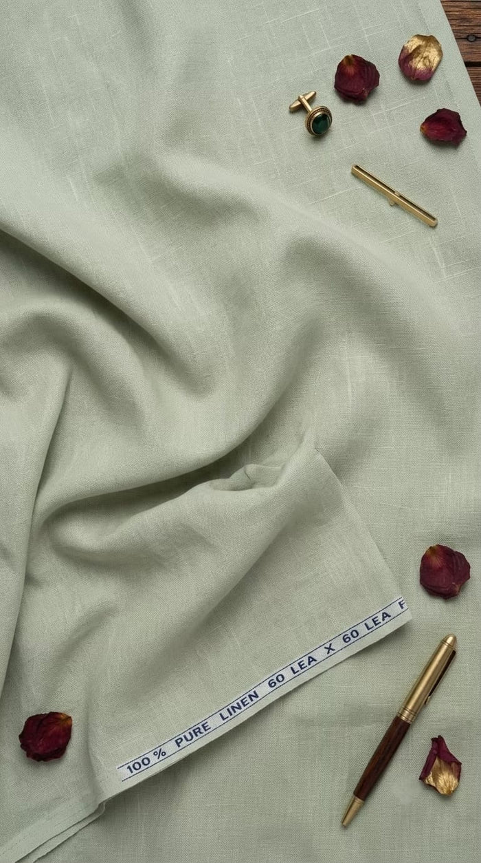 Premium Sage Green 100% Pure Linen 60 Lea Fabric – Solid  (0% Cotton)