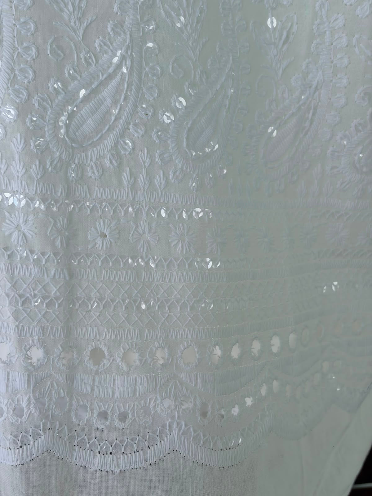 Chikankari Embroidered White Cotton Fabric with Sequins work