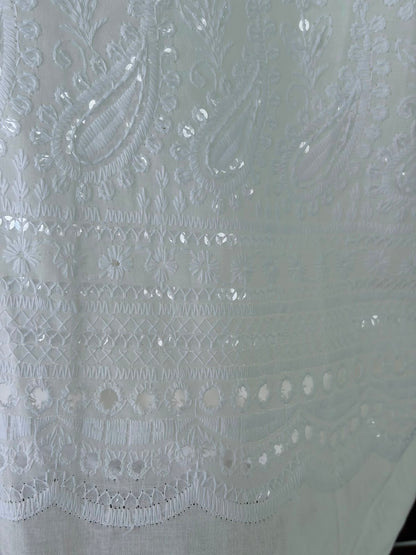 Chikankari Embroidered White Cotton Fabric with Sequins work