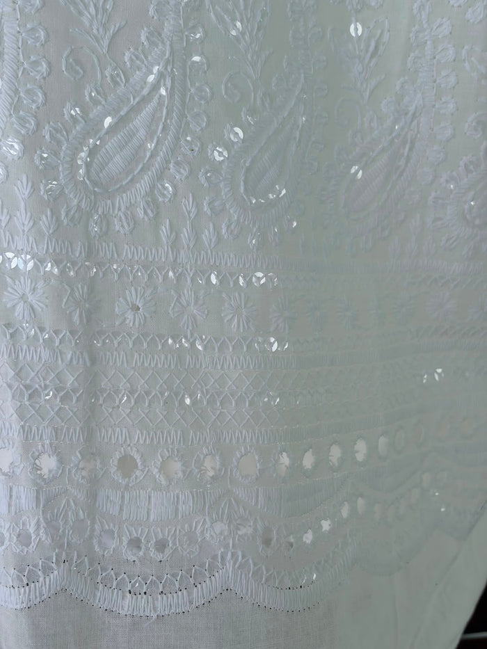 Chikankari Embroidered White Cotton Fabric with Sequins work