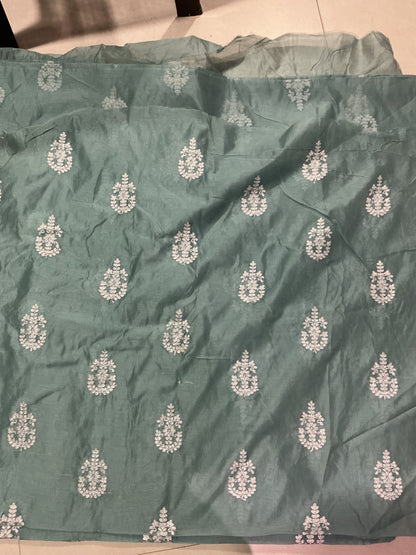 Dusty Mint with White Dori Embroidered Motifs Chanderi Fabric