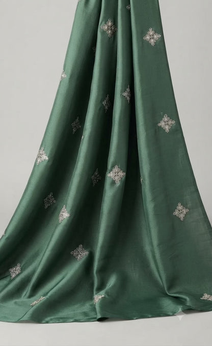 Golden Glitter Thread Embroidered Motifs on Sage Green Malai Chanderi Silk Fabric