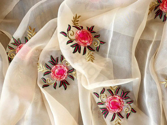 Off White Flower Design 5 Embroidered Organza Fabric