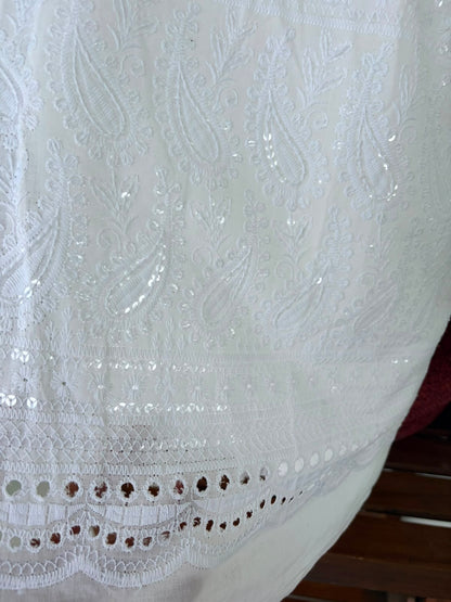 Chikankari Embroidered White Cotton Fabric with Sequins work