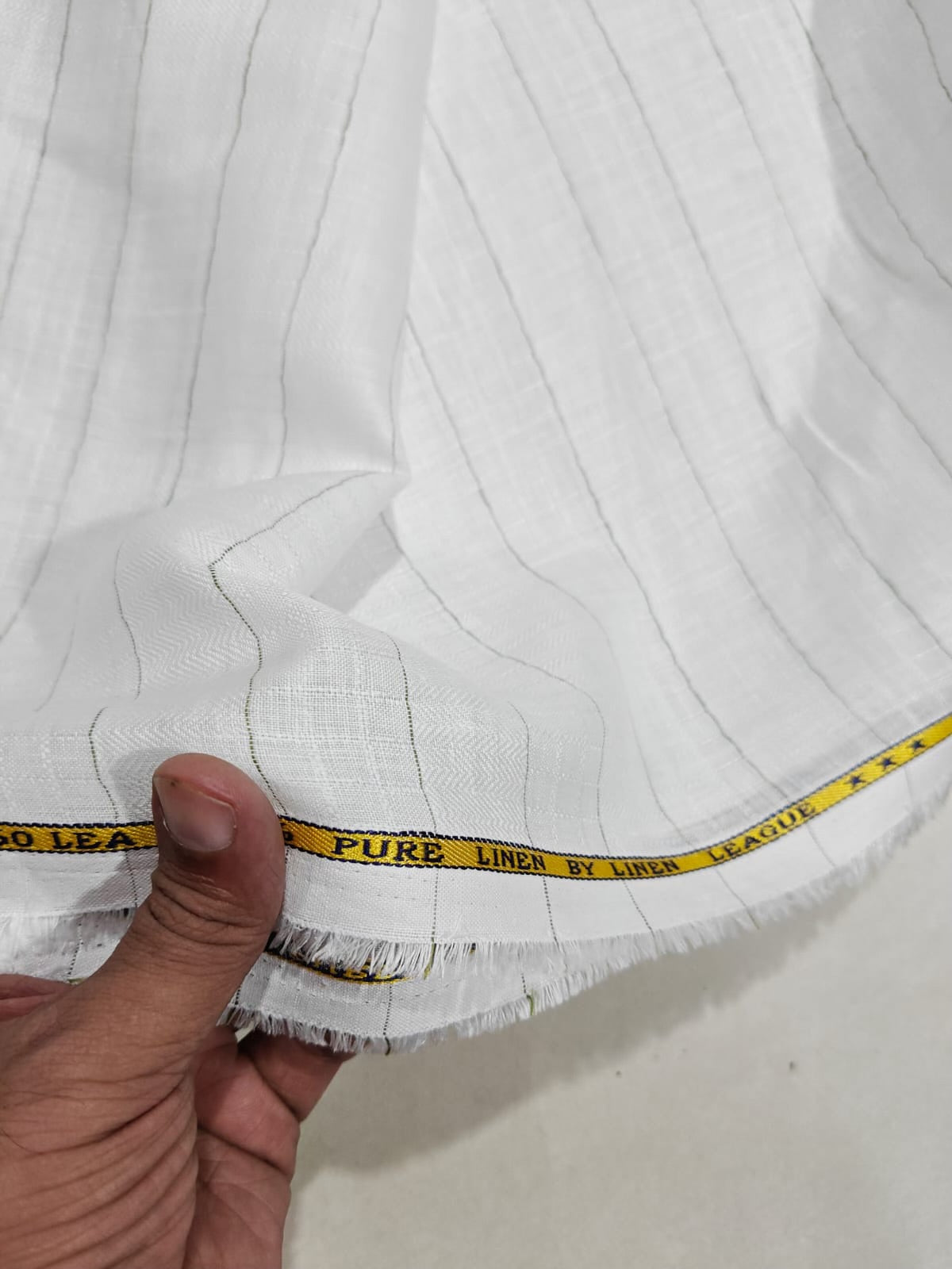 Premium White 100 %Pure Linen 60 Lea Fabric with Herringbone Stripes & Grey Pinstripes (0% Cotton)