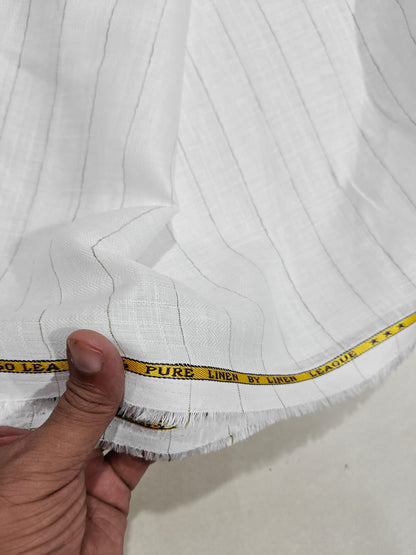 Premium White 100 %Pure Linen 60 Lea Fabric with Herringbone Stripes & Grey Pinstripes (0% Cotton)