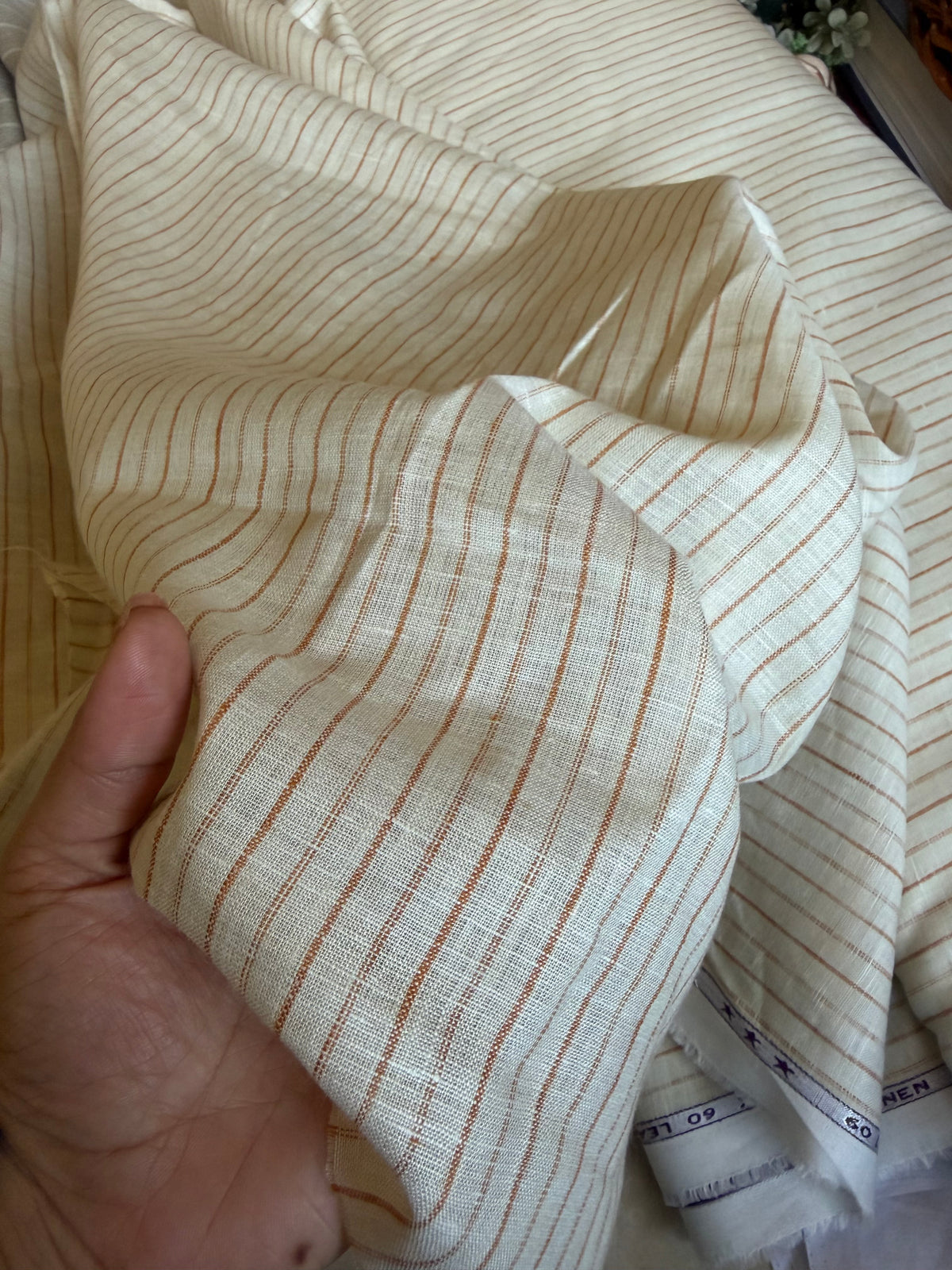Premium Cream & Rust Pinstripe 100% Pure Linen Fabric – 60 Lea(0% Cotton)