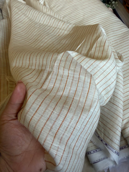 Premium Cream & Rust Pinstripe 100% Pure Linen Fabric – 60 Lea(0% Cotton)