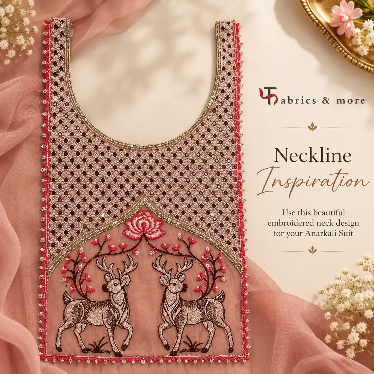 Embroidered Deer Motif Anarkali Neckline Panel – Sequins & Thread Work