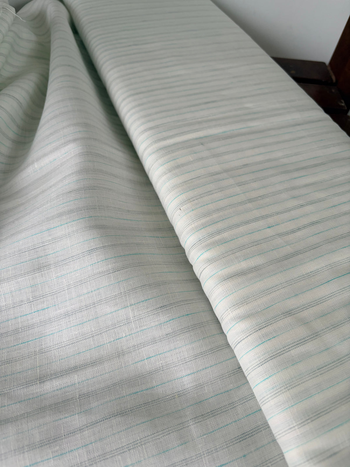 Premium White Pure Linen Fabric with Grey & Aqua Pinstripes – 100% Pure Linen Fabric – 60 Lea(0% Cotton)