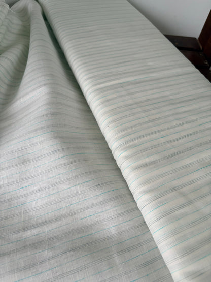Premium White Pure Linen Fabric with Grey & Aqua Pinstripes – 100% Pure Linen Fabric – 60 Lea(0% Cotton)