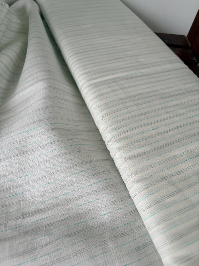 Premium White Pure Linen Fabric with Grey & Aqua Pinstripes – 100% Pure Linen Fabric – 60 Lea(0% Cotton)