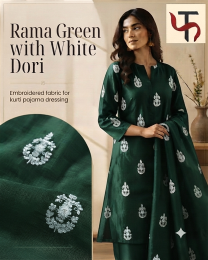 Rama Green with White Dori Embroidered Motifs Chanderi Fabric