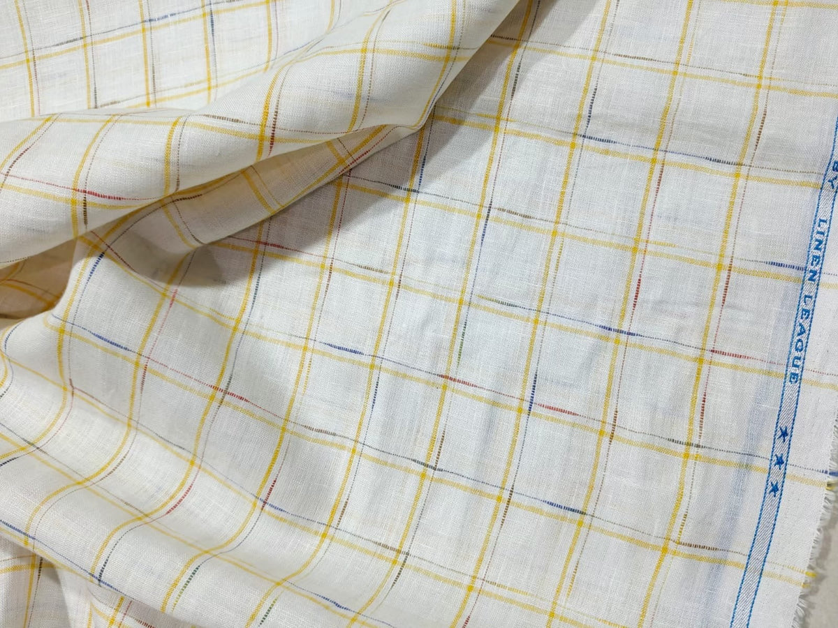 Premium Off-White 100%Pure Linen 60 Lea Fabric with Yellow & Multicolour Checks (0% Cotton)
